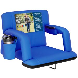 Reclining Stadium Seat with Armrests and Side Pockets - Royal Blue, Wide